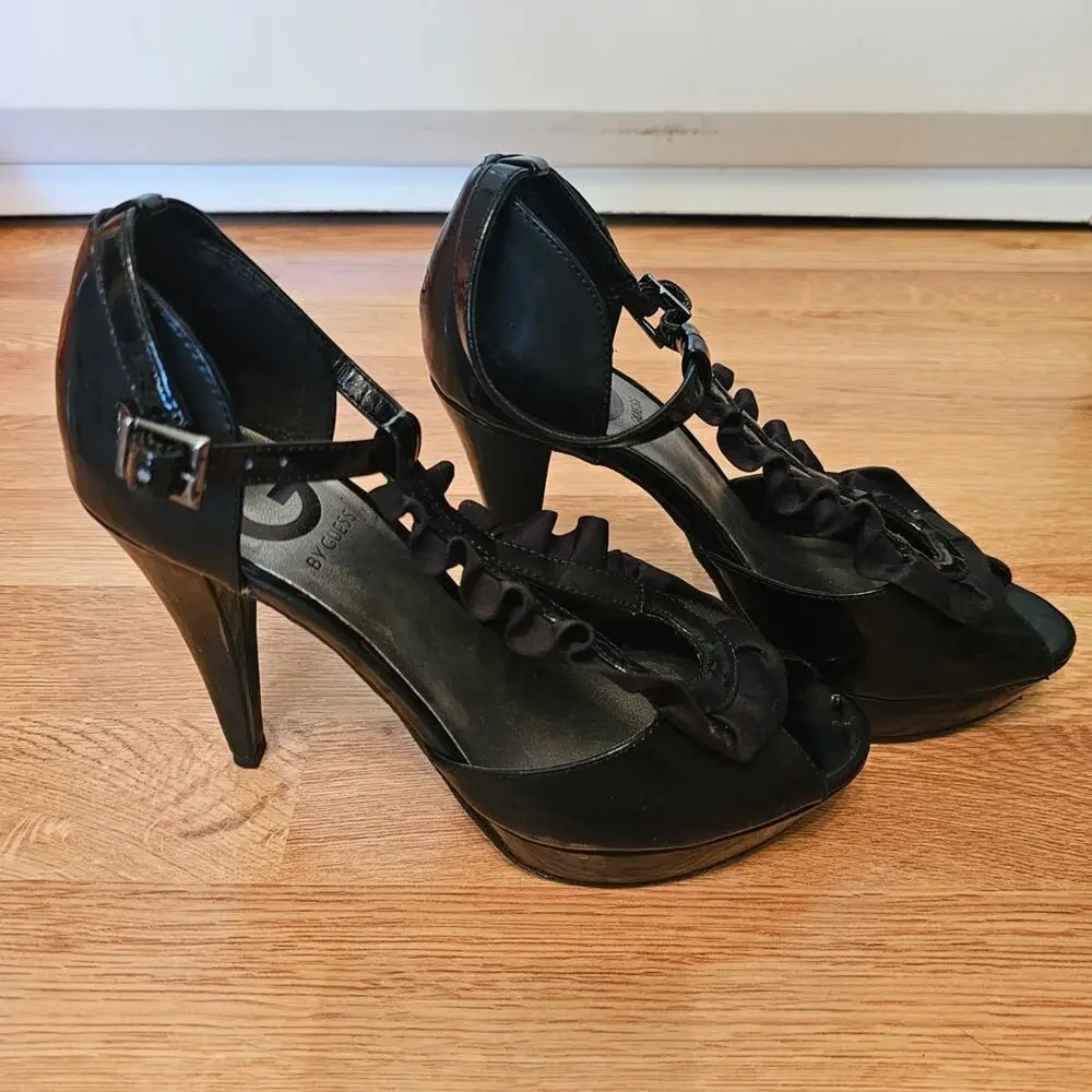 Vtg G by GUESS Black Ruffle Peep Toe Platform Heels Size 8M Ankle Strap Y2K